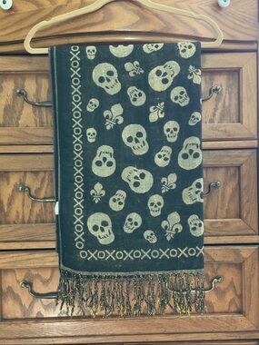 Claire's Black and Gold Skull Fringe Scarf Wrap